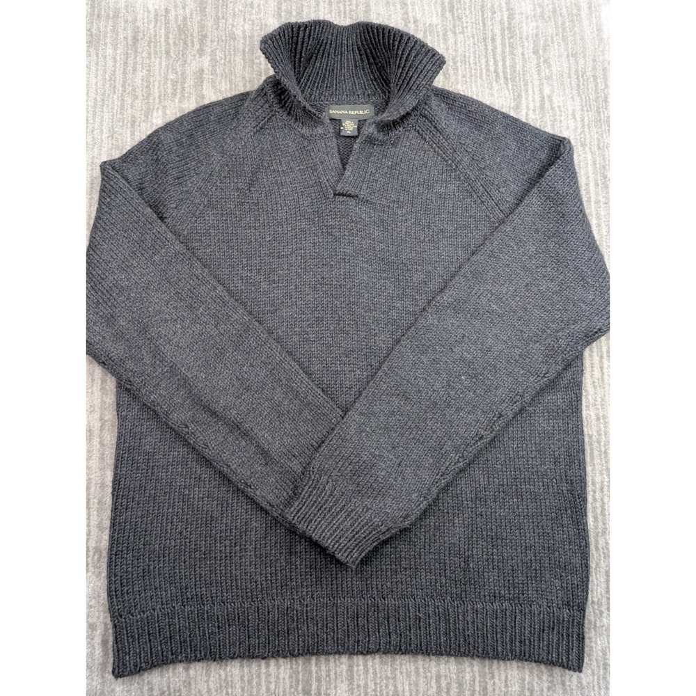 VTG Banana Republic Sweater Men's XL 100% Wool Gray Fisherman Knit Heavyweight